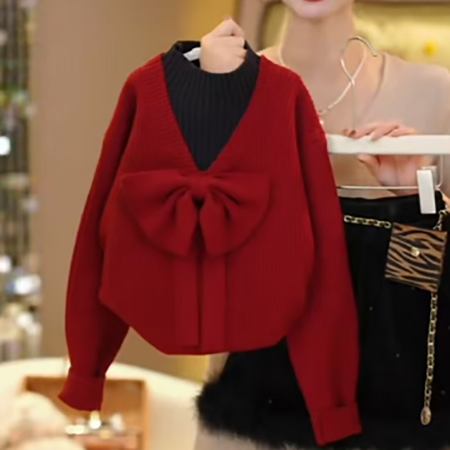 毛衣小镇&毛衣小镇&x260水貂假两件红毛衣