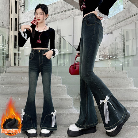 旺旺家&旺旺家&蕾丝蝴蝶结弹力牛仔喇叭裤