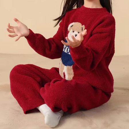 首秀130-180&首秀130-180&半边绒红色小狗居家服两件套