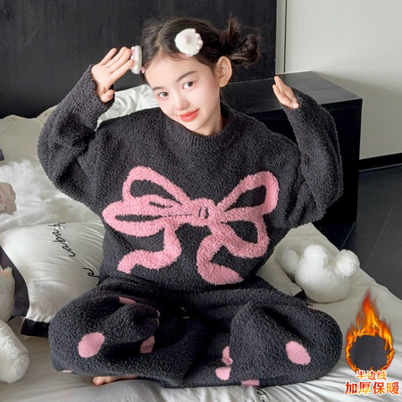 首秀130-180&首秀130-180&蝴蝶结毛衣半边绒两件套