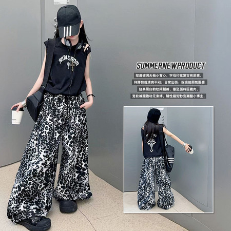 暮野&暮野&W15潮酷黑色无袖T豹纹印花裤