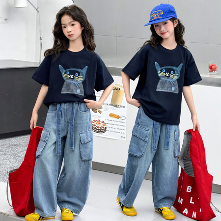 清涵贝贝&清涵贝贝&8808猫咪T恤加工装牛仔裤