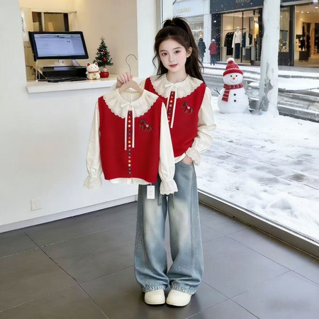 小黑米&小黑米&小马马甲衬衫烫钻牛仔裤套装