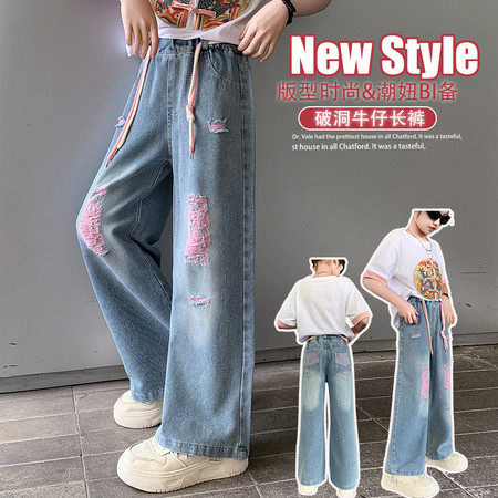 守若服饰&守若服饰&粉底破洞牛仔裤-