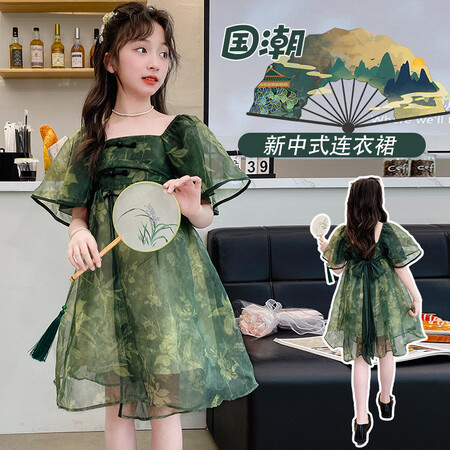 拾光里&BNF16夏日国风印花绿色薄纱裙
