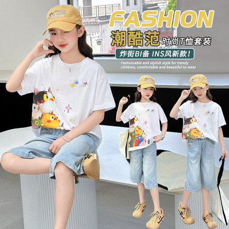 萌小乖&萌小乖&2518数码印花猫咪T恤软薄牛仔中裤裤