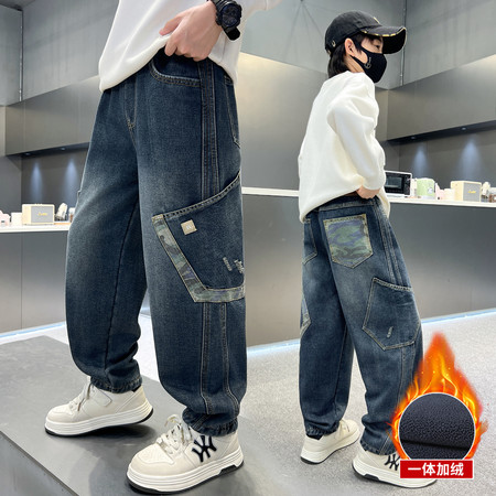 龍璟依族&龍璟依族&LJ7788时尚牛仔拼迷彩加绒裤