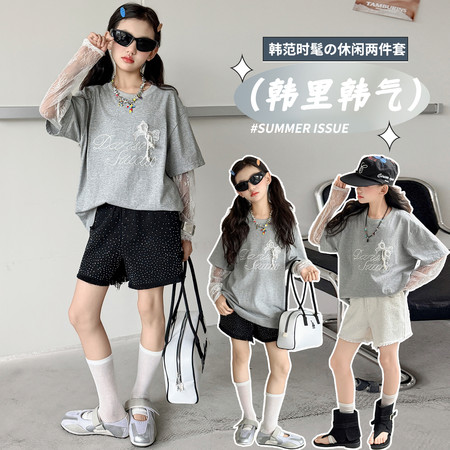 小小童仓&小小童仓&夏季清凉刺绣蕾丝假两件亮钻牛仔短裤套装