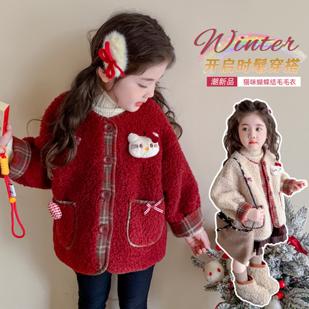 点点童话&点点童话&猫咪蝴蝶结毛毛衣-