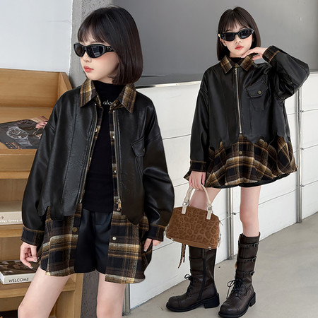 木禾童装&木禾童装&0911假两件格子拼皮衣