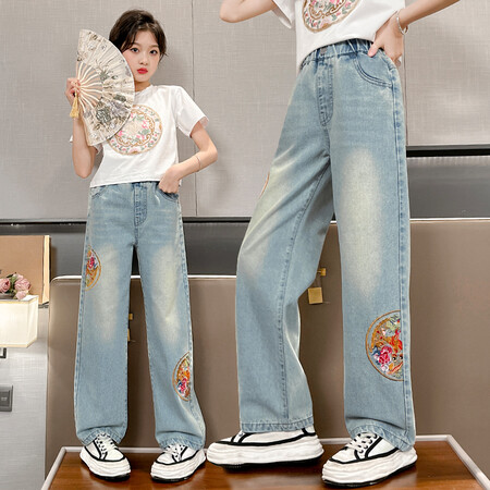 范小米&中大女童半月刺绣新中式牛仔裤