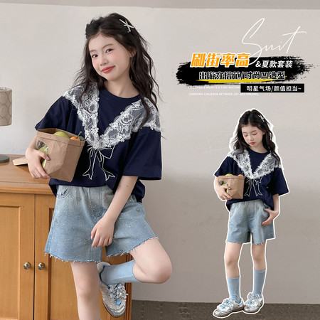 铭兮kids&铭兮kids&铭兮kids-拼蕾丝短袖亮钻牛仔短裤套装