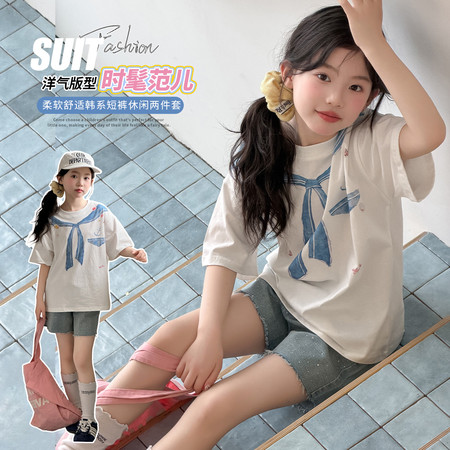 铭兮kids&铭兮kids&铭兮kids-数码印花T亮钻牛仔短裤套装