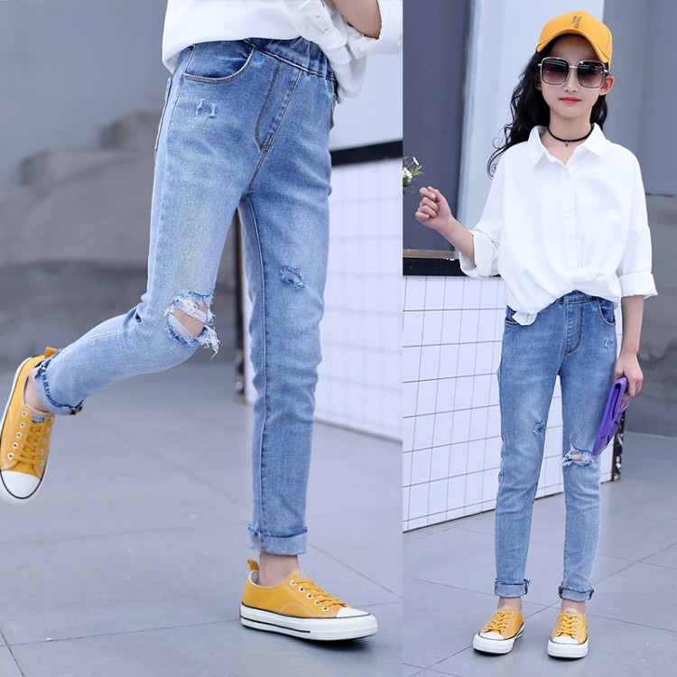 Girls spring 2019 elastic hollow jeans