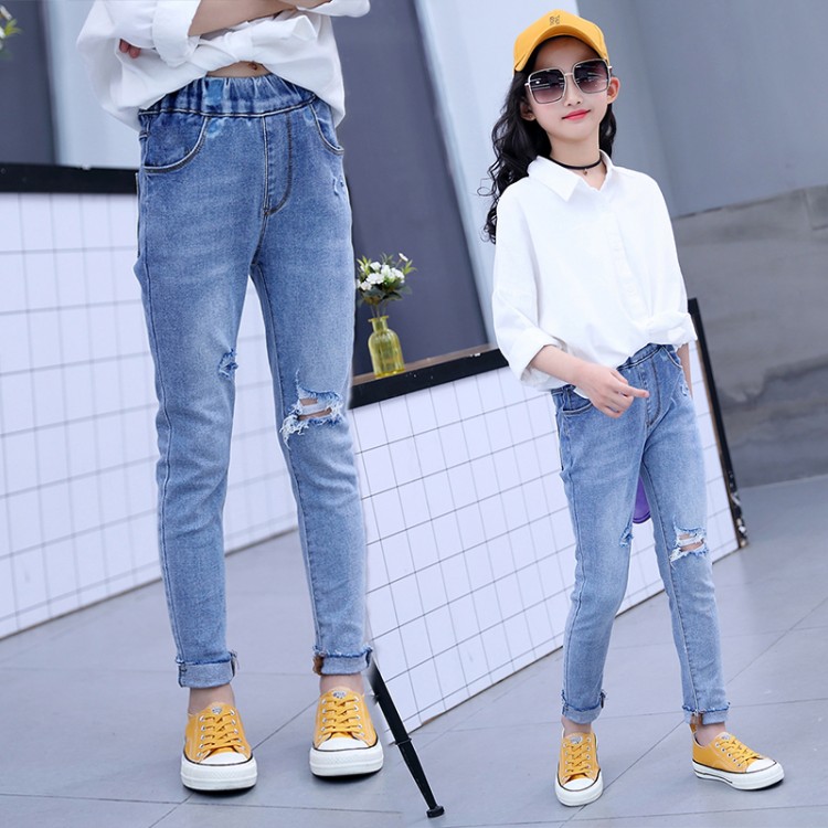 Girls spring 2019 elastic hollow jeans