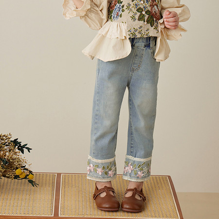 童与萌服饰&童与萌服饰&女童蕾丝裤脚牛仔裤
