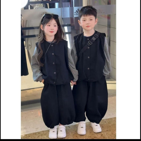 米酷儿&米酷儿&2538款女童马甲阔腿裤条纹卫衣三件套套