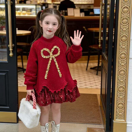 米酷儿&米酷儿&2558款撒银加绒卫衣蝴蝶裙中国红年服