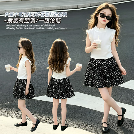 米酷儿&米酷儿&2623款女童T恤小花短裙套装夏季两件套