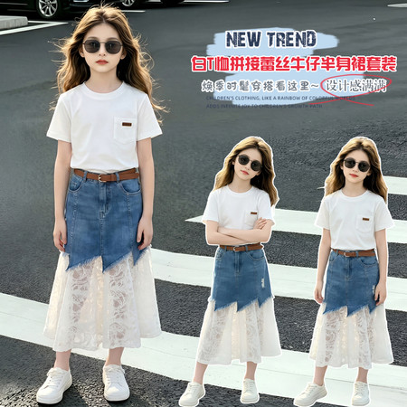 米酷儿&米酷儿&2629款女童牛仔蕾丝裙短袖套装