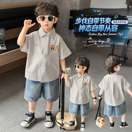 一诺潮童&一诺潮童&2617款条纹领带衬衫牛仔短裤套装