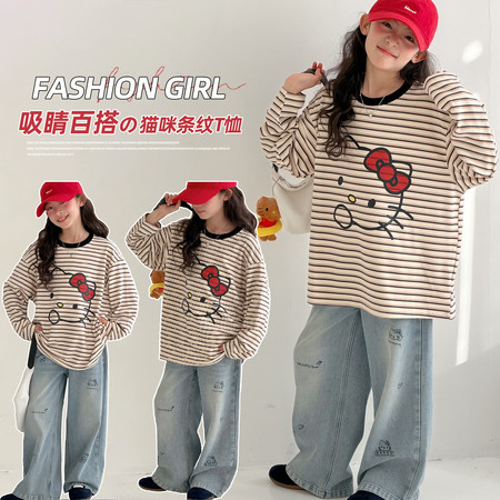 小夕童装&小夕童装&26Q-8817条纹KT猫长袖T恤