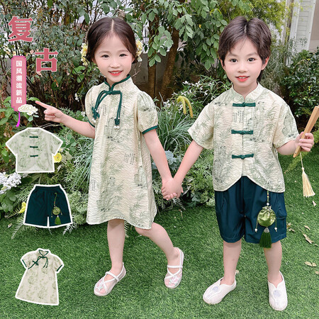 乐豆&新中式绿竹短袖套装