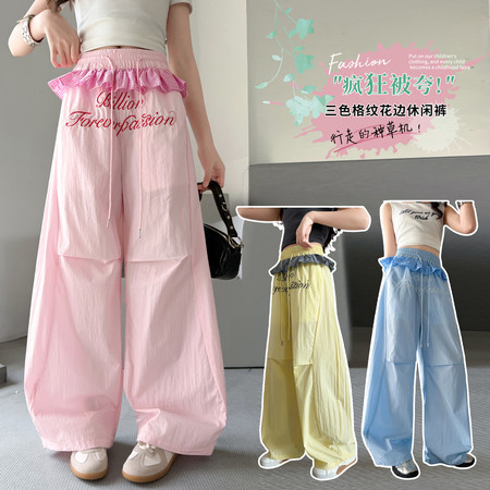 哆哆米&哆哆米&2605刺绣拼接格纹花边裤