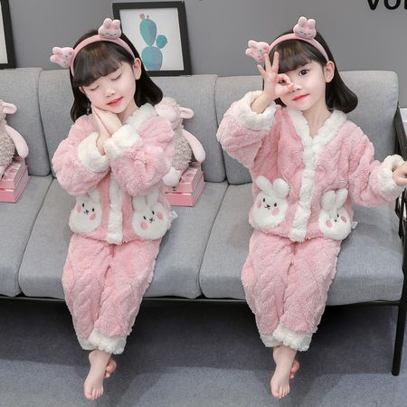 萌娃优选&萌娃优选&ZH2418女童和尚领套装兔子口袋家居服