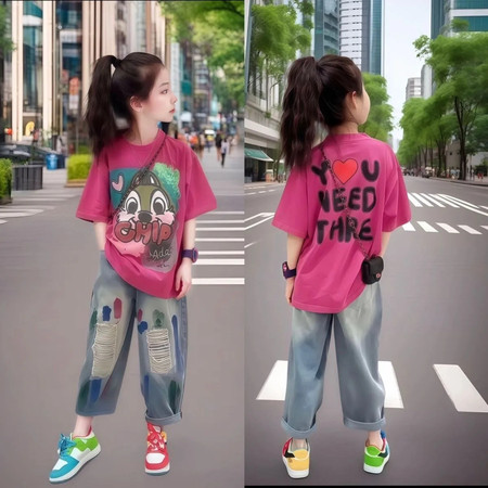 芒果鱼&芒果鱼&T116-松鼠印花上衣手绘破洞牛仔裤套装