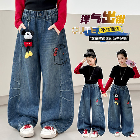 小唛穗&小唛穗&26986时尚猫咪印花弯刀牛仔裤