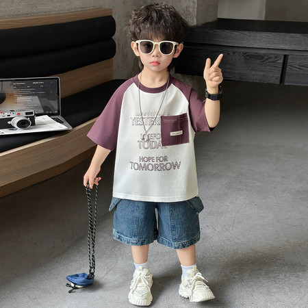 AL童装&AL童装&AL26096拼色插肩袖T恤套装