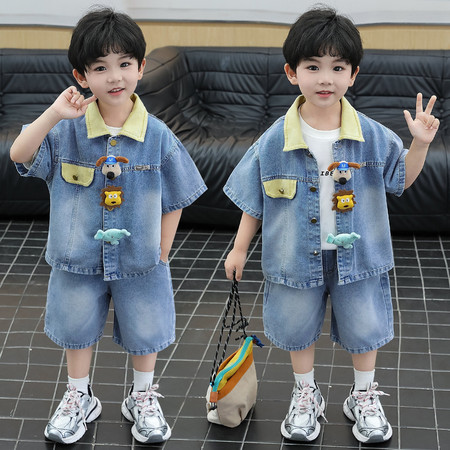 阳光童年&阳光童年&卡通牛仔短袖套装