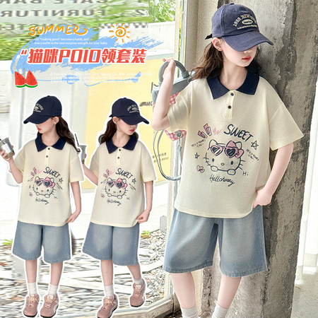 莱衣童&莱衣童&2453猫咪POIO领牛仔中裤套装
