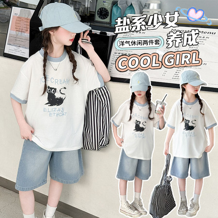 莱衣童&莱衣童&2455猫咪T恤牛仔中裤套装