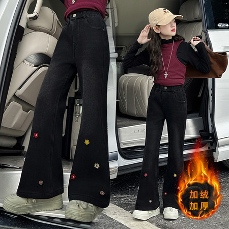 小时尚&小时尚&冬款毛巾绣花弹力喇叭裤