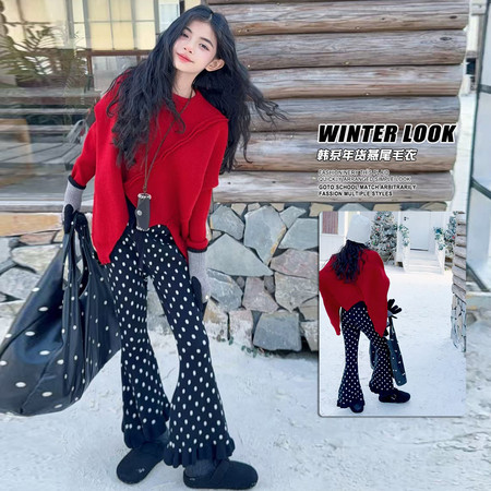 喵权童装&喵权童装&25B70不规则毛衣搭配圆点毛线裤子