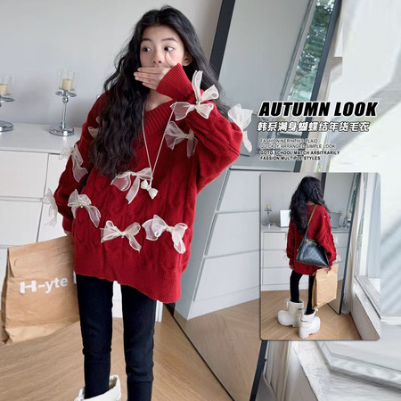 喵权童装&喵权童装&Y57满身蝴蝶结毛线上衣