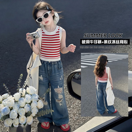 喵权童装&喵权童装&2615蓝色破洞牛仔裤