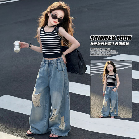 喵权童装&喵权童装&2617浅色破洞牛仔裤