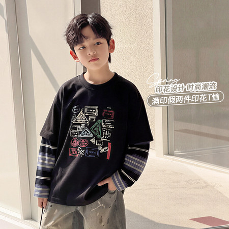 金多多&金多多&ZFQD1668印标拼条纹假两件长袖T恤