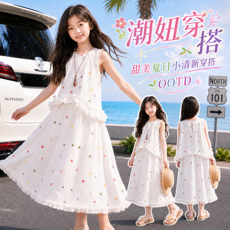 涵涵小铺&涵涵小铺&H649款印花背心花边半身裙两件套