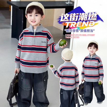 萌乐宝贝&萌乐宝贝&红蓝条半拉链毛衣
