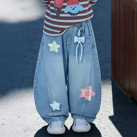 芒果布丁&芒果布丁&MG001-五角星绣花牛仔裤