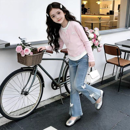 芒果布丁&芒果布丁&MG002-脚口蝴蝶结开叉牛仔