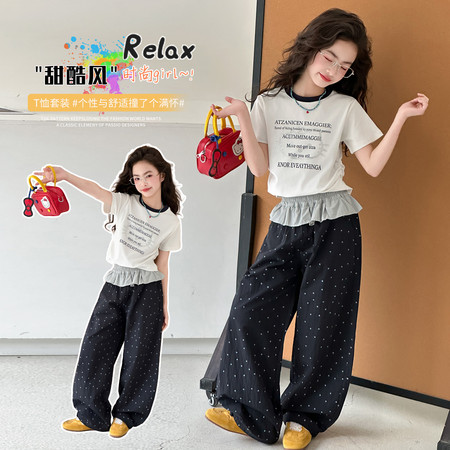 乐汐儿&乐汐儿&A-29烫钻T恤拼腰圆点裤套装