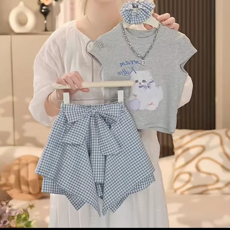 萌小希kids&萌小希kids&809猫咪短袖格子套