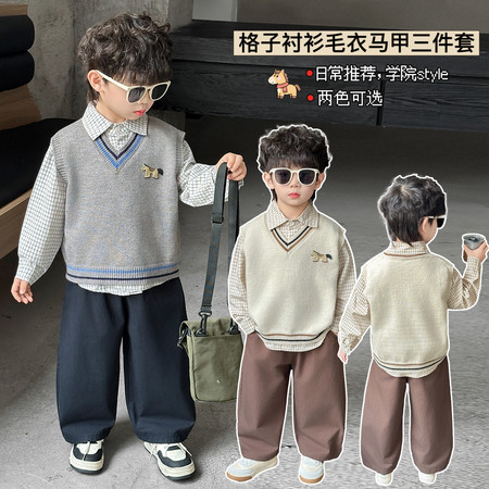 洛小暖&洛小暖&格子衬衫毛衣马甲三件套C35款