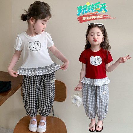 毛衣集&毛衣集&猫咪贴布印花格子裤套装