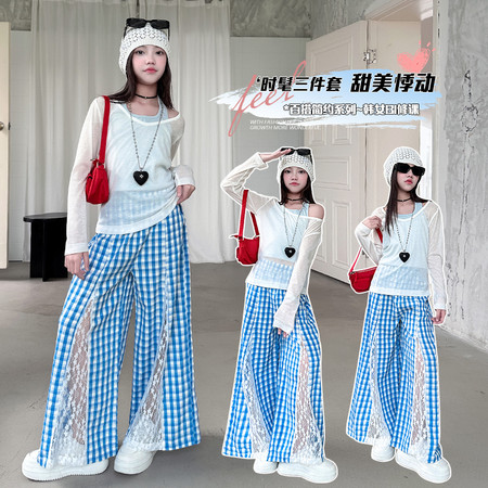 潮品店&潮品店&格子蕾丝阔腿裤三件套